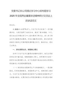 黨委書(shū)記在公司理論學(xué)習(xí)中心組專(zhuān)題學(xué)習(xí)2025年全國(guó)兩會(huì)重要講話(huà)精神研討交流會(huì)上的講話(huà)范文